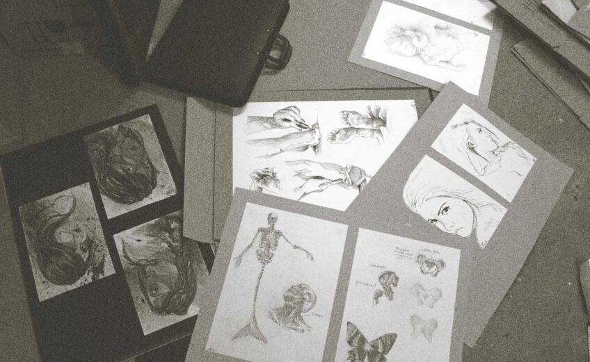 Titelbild zum Blogeintrag Mappenprüfung an der HAW. Wilde Plakatsammlung aus der Vogelperspektive neben schwarzer Mappe fotografiert. Werke zur Einreichung der künstlerischen Eignungsprüfung. Skizzen von Füßen und Portraits. Meerjungfrauenskelett.